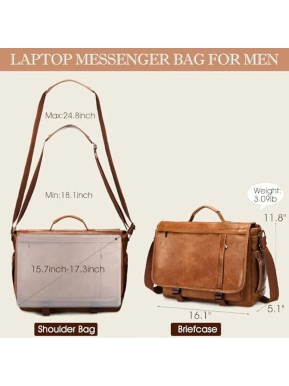 Stylish PU Leather Messenger Bag for Men - Large Laptop Briefcase for Work